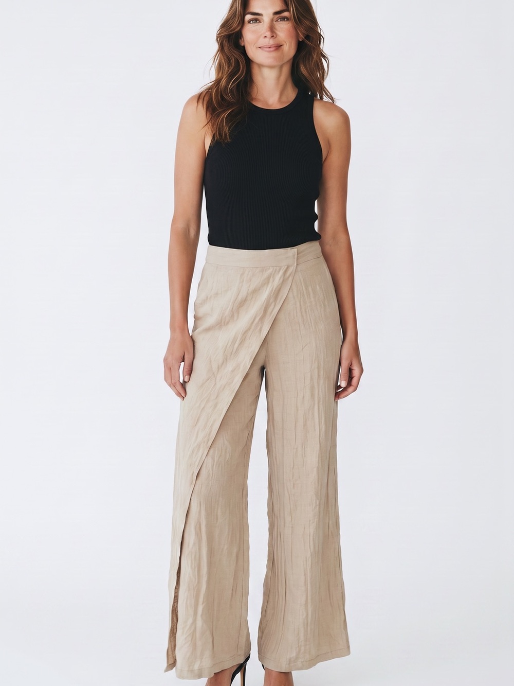 Zara Beige- green  Wrap-Front Wide-Leg Pants